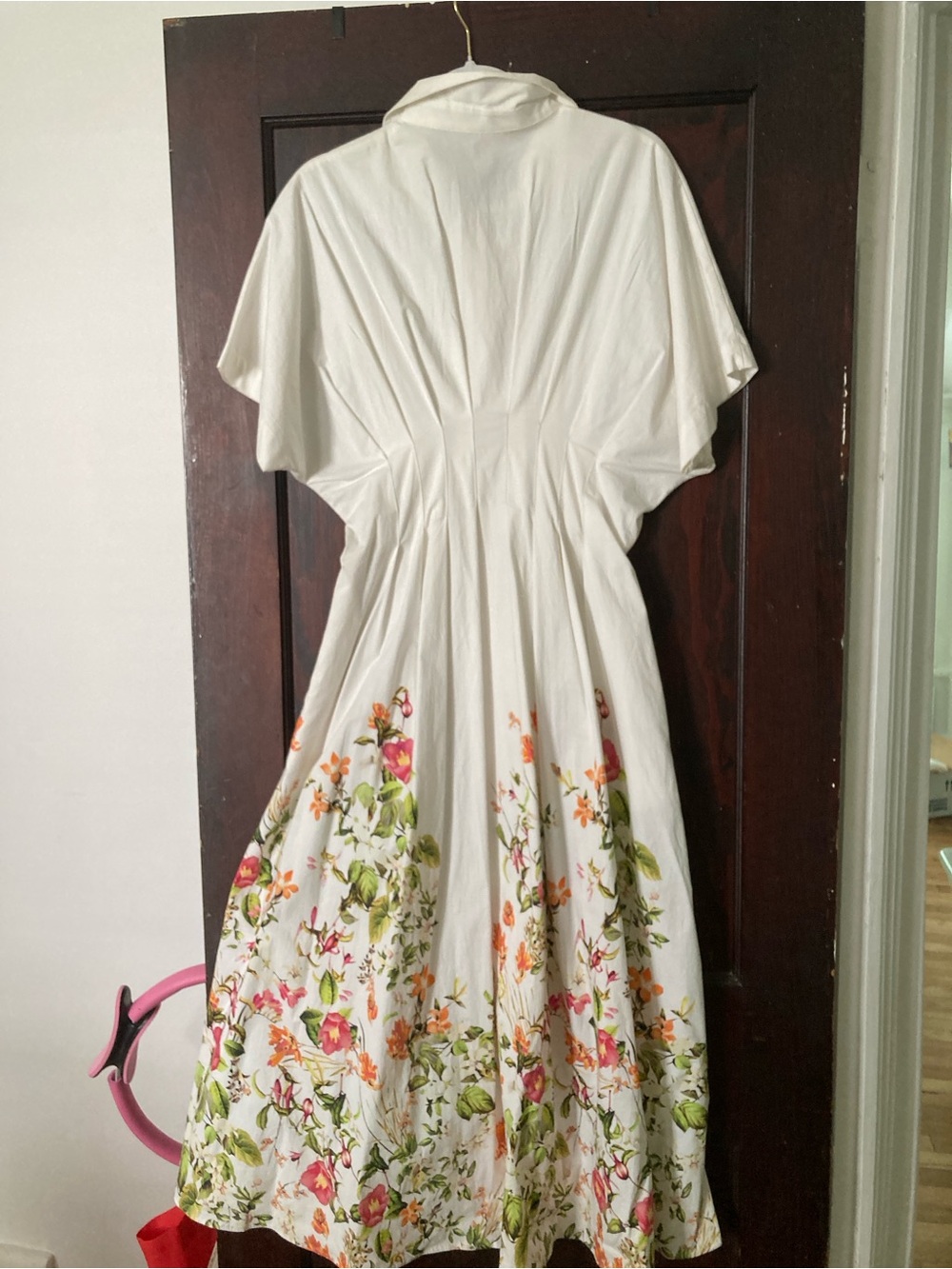 Anthropologie Tobie Cream Midi Dress with Pink and Green Floral Hem - Picture 4 of 11
